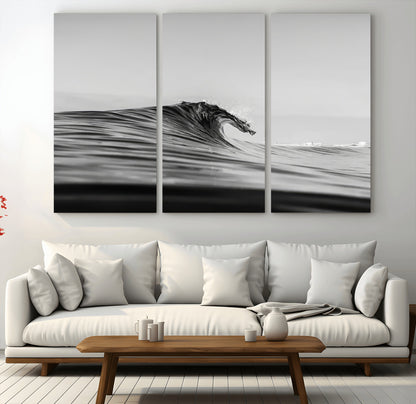 24029476-MGV-CV-48X32-3P-Black Wave Wall Art Canvas Print, Framed Abstract Surf Art Picture Print, Minimalist Ocean Perfect Minimalist Coastal Decor