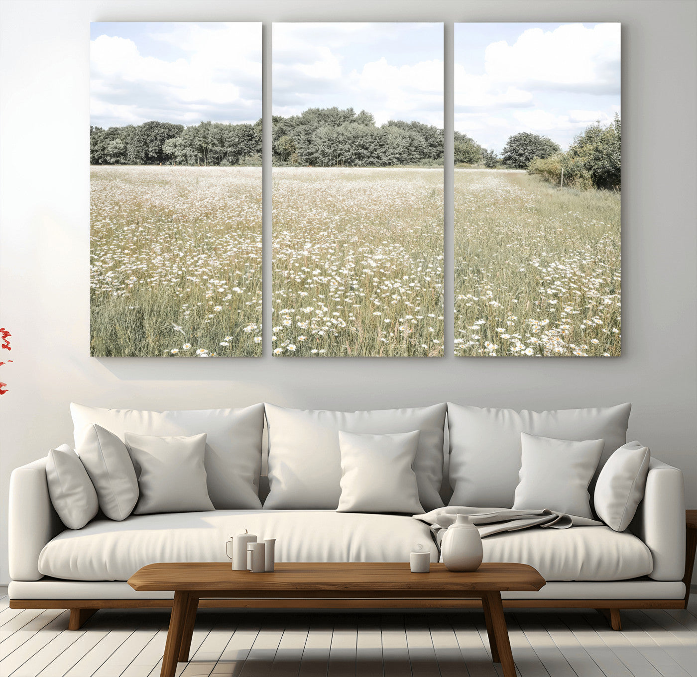 43258946-MGV-CV-48X32-3P-Daisy Field Wall Art Canvas Print, Framed Pastel Flower Art Picture Print, Meadow Bloom Perfect Scandinavian Minimalist Decor