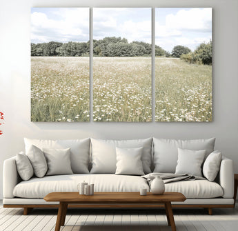 43258946-MGV-CV-48X32-3P-Daisy Field Wall Art Canvas Print, Framed Pastel Flower Art Picture Print, Meadow Bloom Perfect Scandinavian Minimalist Decor
