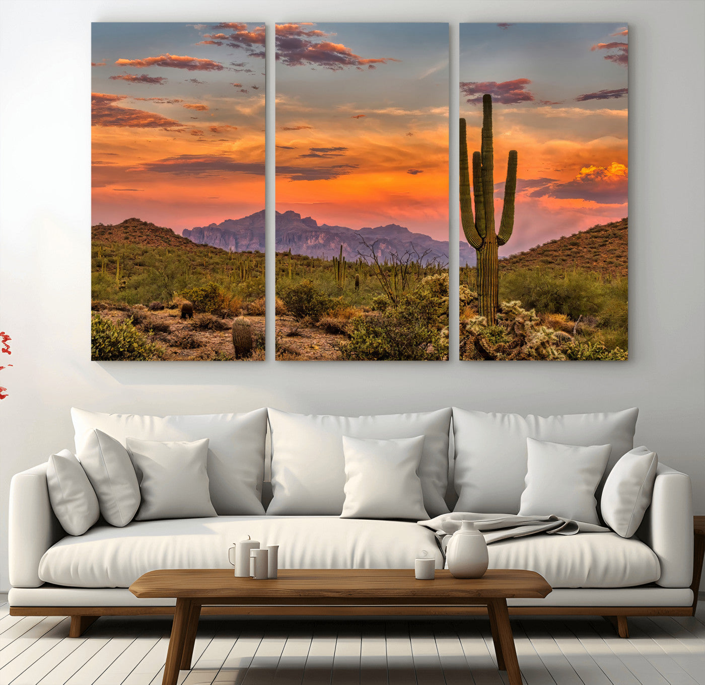 25332783-MGV-CV-48X32-3P-Saguaro Cactus Wall Art Canvas Print, Framed Arizona Sunset Art Picture Print, Sonoran Desert Perfect Southwestern Boho Decor