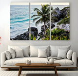 94669907-MGV-CV-36X24-Tropical Coastline Wall Art Canvas Print, Framed Palm Tree Art Picture Print, Rocky Beach Perfect Tropical Coastal Decor Artwork