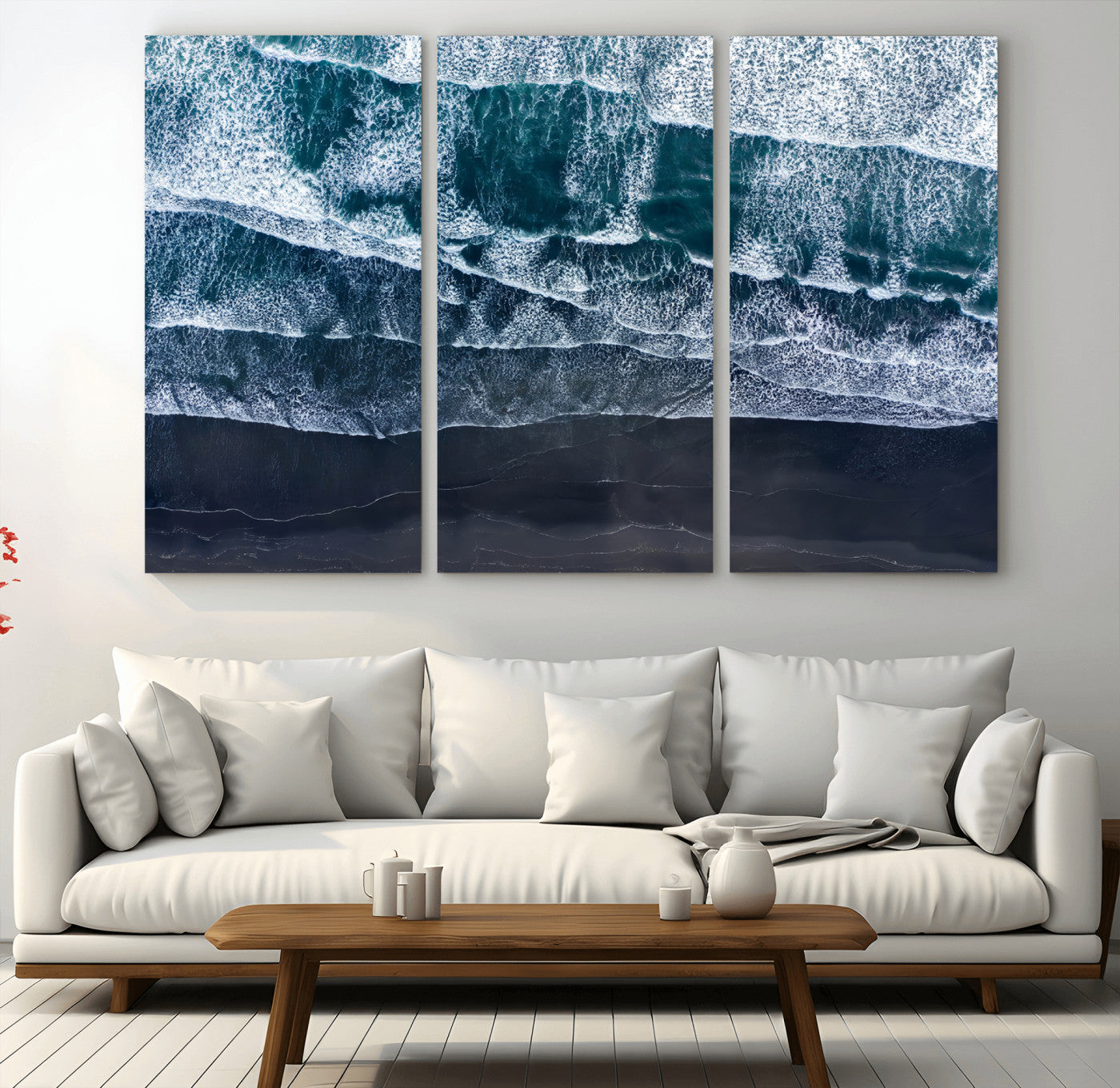 87941475-MGV-CV-48X32-3P-Black Beach Wall Art Canvas Print, Framed Aerial Ocean Art Picture Print, Moody Coastal Perfect Modern Coastal Decor Artwork