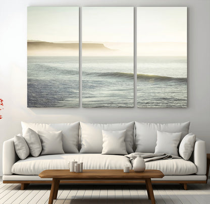 39310633-MGV-CV-48X32-3P-Coastal Cliffs Wall Art Canvas Print, Framed Misty Ocean Art Picture Print, Morning Light Perfect Minimalistic Coastal Decor