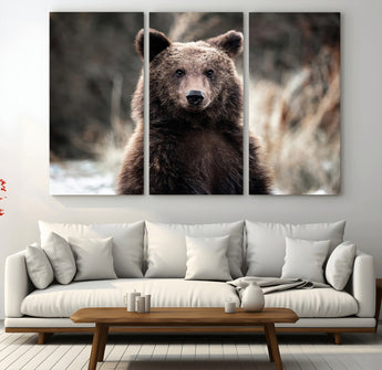 47112103-MGV-CV-48X32-3P-Brown Bear Wall Art Canvas Print, Framed Forest Wildlife Art Picture Print, Woodland Bear Perfect Rustic Cabin Decor Artwork