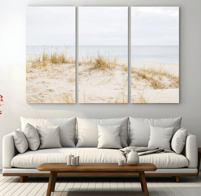 13146857-MGV-CV-48X32-3P-Beach Dunes Wall Art Canvas Print, Framed Soft Horizon Art Picture Print, Coastal Grass Perfect Minimalist Coastal Decor Artwork
