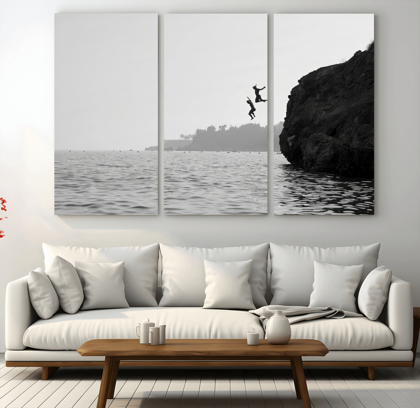 52284302-MGV-CV-36X24-Cliff Jumping Wall Art Canvas Print, Framed Ocean Adventure Art Picture Print, Black White Coast Perfect Modern Coastal Decor