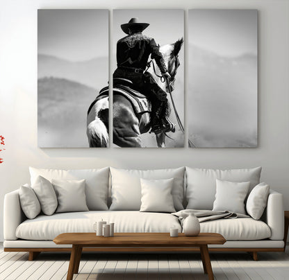 83102464-MGV-CV-36X24-Western Cowboy Wall Art Canvas Print, Framed Monochrome Horse Art Picture Print, Western Equestrian Perfect Rustic Western Decor