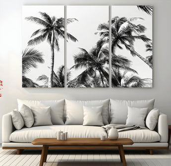 46641801-MGV-CV-48X32-3P-Palm Tree Wall Art Canvas Print, Framed Black White Tropics Art Picture Print, Monochrome Palms Perfect Modern Tropical Minimalist