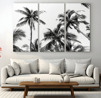 46641801-MGV-CV-48X32-3P-Palm Tree Wall Art Canvas Print, Framed Black White Tropics Art Picture Print, Monochrome Palms Perfect Modern Tropical Minimalist
