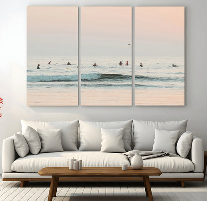 98888919-MGV-CV-48X32-3P-Pastel Ocean Wall Art Canvas Print, Framed Soft Sunset Swimming Art Picture Print, Calm Sea Horizon Perfect Soft Coastal
