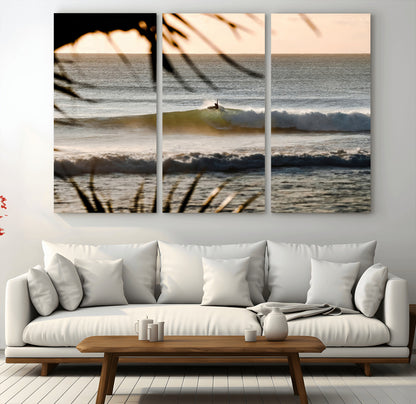 24896468-MGV-CV-48X32-3P-Sunset Surf Wall Art Canvas Print, Framed Golden Waves Art Picture Print, Tropical Ocean Perfect Tropical Boho Decor Artwork