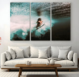 85923512-MGV-CV-36X24-Aquatic Motion Wall Art Canvas Print, Framed Underwater Swimming Art Picture Print, Female Surfer Diving Perfect Coastal Boho