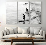 19875284-MGV-CV-48X32-3P-Surfer Waves Wall Art Canvas Print, Framed Black White Surf Art Picture Print, Monochrome Ocean Perfect Modern Coastal Decor