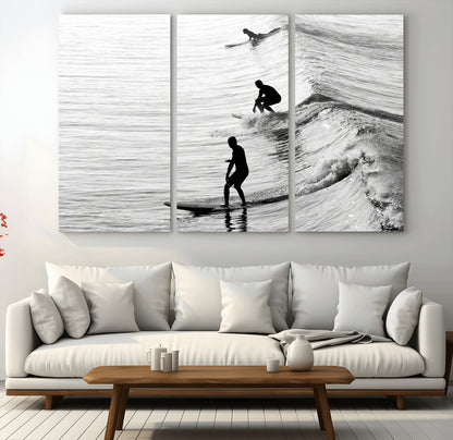 19875284-MGV-CV-48X32-3P-Surfer Waves Wall Art Canvas Print, Framed Black White Surf Art Picture Print, Monochrome Ocean Perfect Modern Coastal Decor