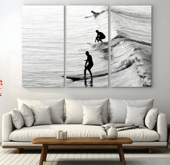 19875284-MGV-CV-36X24-Surfer Waves Wall Art Canvas Print, Framed Black White Surf Art Picture Print, Monochrome Ocean Perfect Modern Coastal Decor