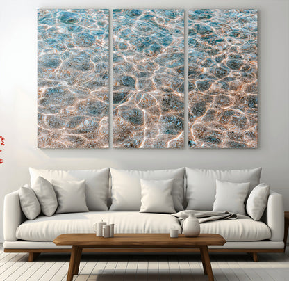 26580287-MGV-CV-48X32-3P-Clear Water Wall Art Canvas Print, Framed Sunlit Ripples Art Picture Print, Ocean Texture Perfect Modern Coastal Decor Artwork
