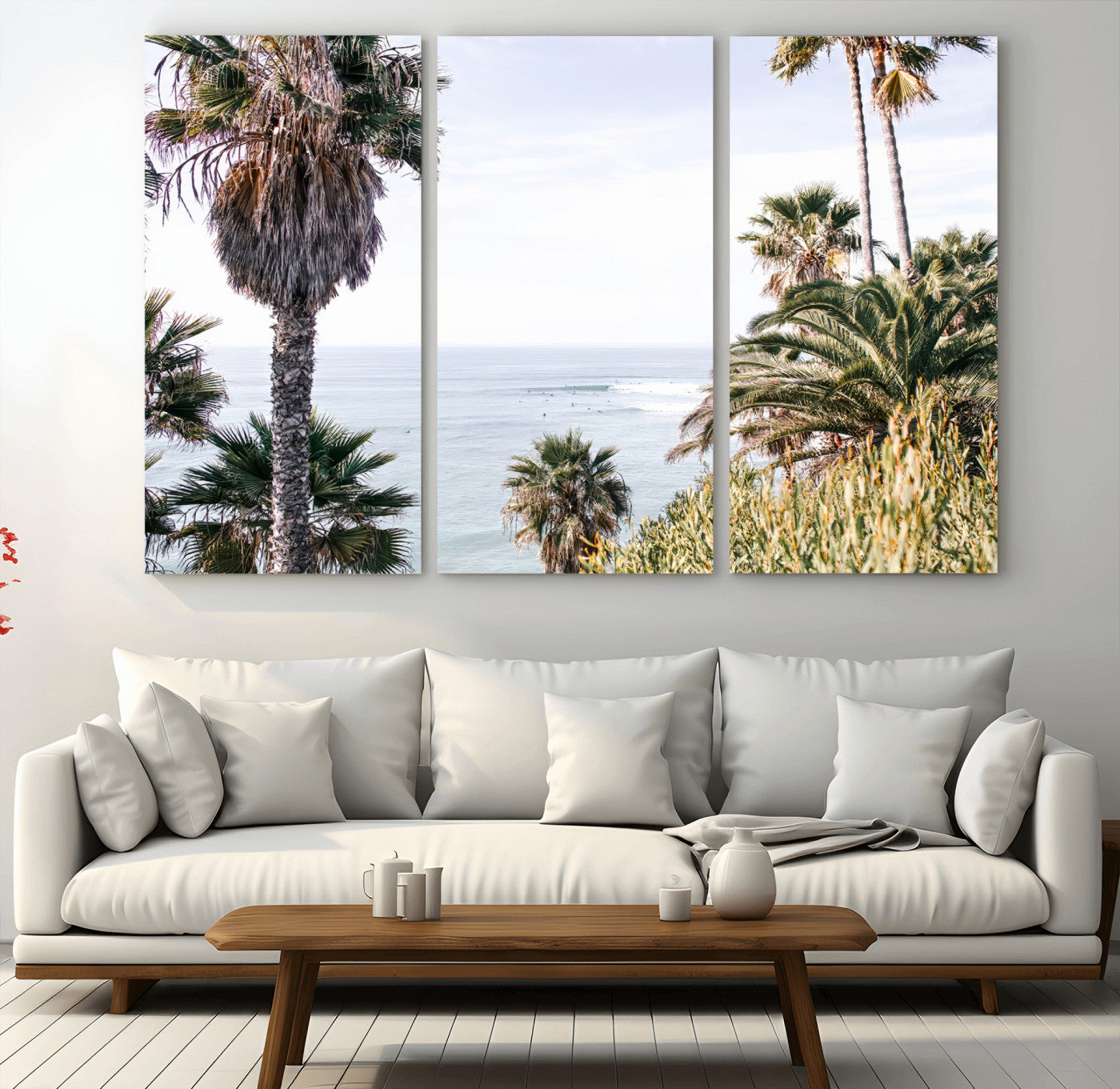 51404565-MGV-CV-48X32-3P-Palm Trees Wall Art Canvas Print, Framed Ocean Breeze Art Picture Print, Coastal View Perfect Tropical Coastal Decor Artwork