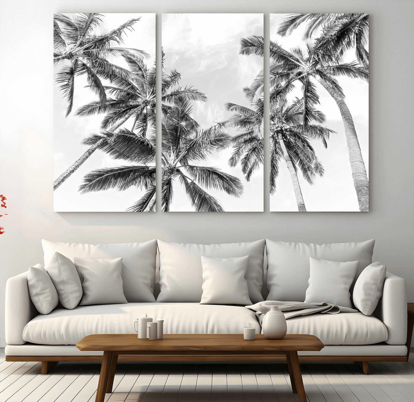 62113786-MGV-CV-48X32-3P-Black White Palm Wall Art Canvas Print, Framed Monochrome Tropics Art Picture Print, Minimalist Beach Perfect Coastal Minimalist