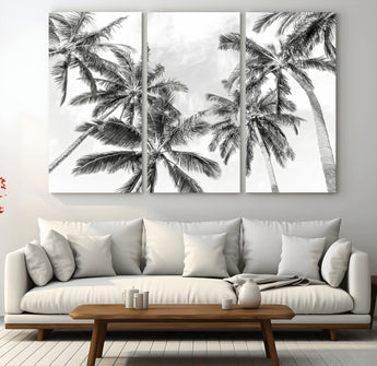 62113786-MGV-CV-48X32-3P-Black White Palm Wall Art Canvas Print, Framed Monochrome Tropics Art Picture Print, Minimalist Beach Perfect Coastal Minimalist