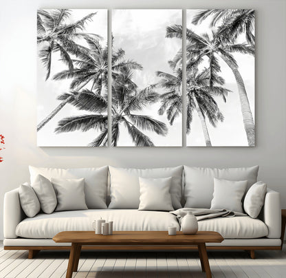 62113786-MGV-CV-48X32-3P-Black White Palm Wall Art Canvas Print, Framed Monochrome Tropics Art Picture Print, Minimalist Beach Perfect Coastal Minimalist