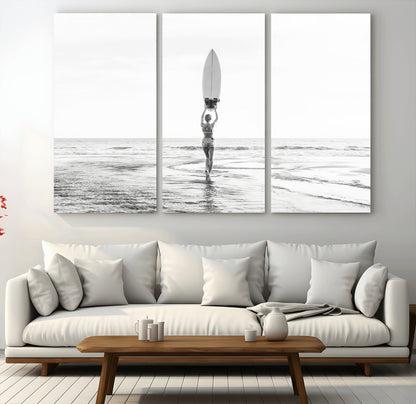 98446901-MGV-CV-36X24-Monochrome Surf Wall Art Canvas Print, Framed Minimalist Surfer Art Picture Print, Surfboard Silhouette Perfect Coastal Minimalist