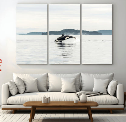 10157174-MGV-CV-48X32-3P-Orca Whale Wall Art Canvas Print, Framed Black White Whale Art Picture Print, Minimalist Ocean Perfect Coastal Minimalist Decor