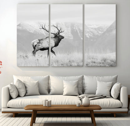 62278753-MGV-CV-36X24-Monochrome Elk Wall Art Canvas Print, Framed Mountain Wildlife Art Picture Print, Rustic Nature Perfect Rustic Minimalist Decor