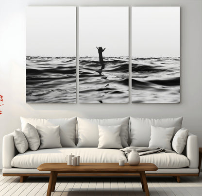 69541918-MGV-CV-48X32-3P-Black White Ocean Wall Art Canvas Print, Framed Moody Seascape Art Picture Print, Surfer Sign Perfect Moody Minimalist Decor