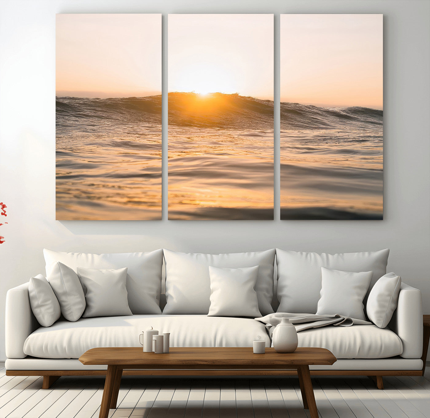 16973771-MGV-CV-48X32-3P-Calm Water Wall Art Canvas Print, Framed Sunset Waves Art Picture Print, Coastal Warmth Perfect Warm Minimalist Decor Artwork