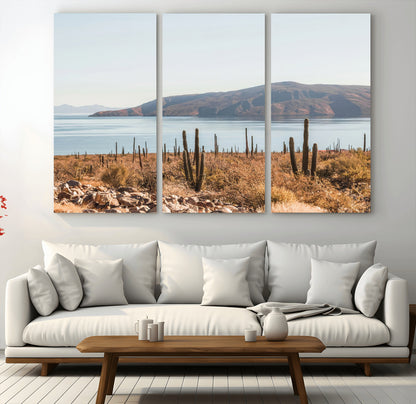 45193515-MGV-CV-36X24-Desert Cactus Wall Art Canvas Print, Framed Baja Coastline Art Picture Print, Coastal Desert Perfect Southwestern Minimalist Decor