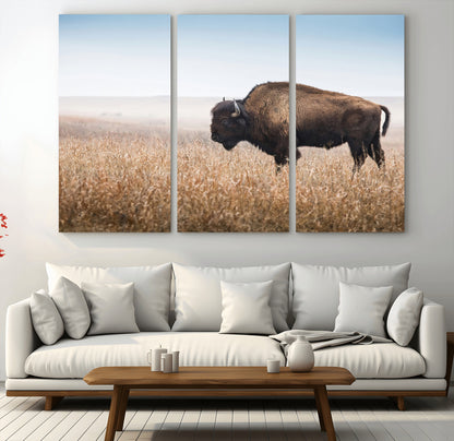 99620201-MGV-CV-48X32-3P-Wild Bison Wall Art Canvas Print, Framed Bison in Prairie Art Picture Print, Rustic Western Perfect Rustic Western Decor Artwork