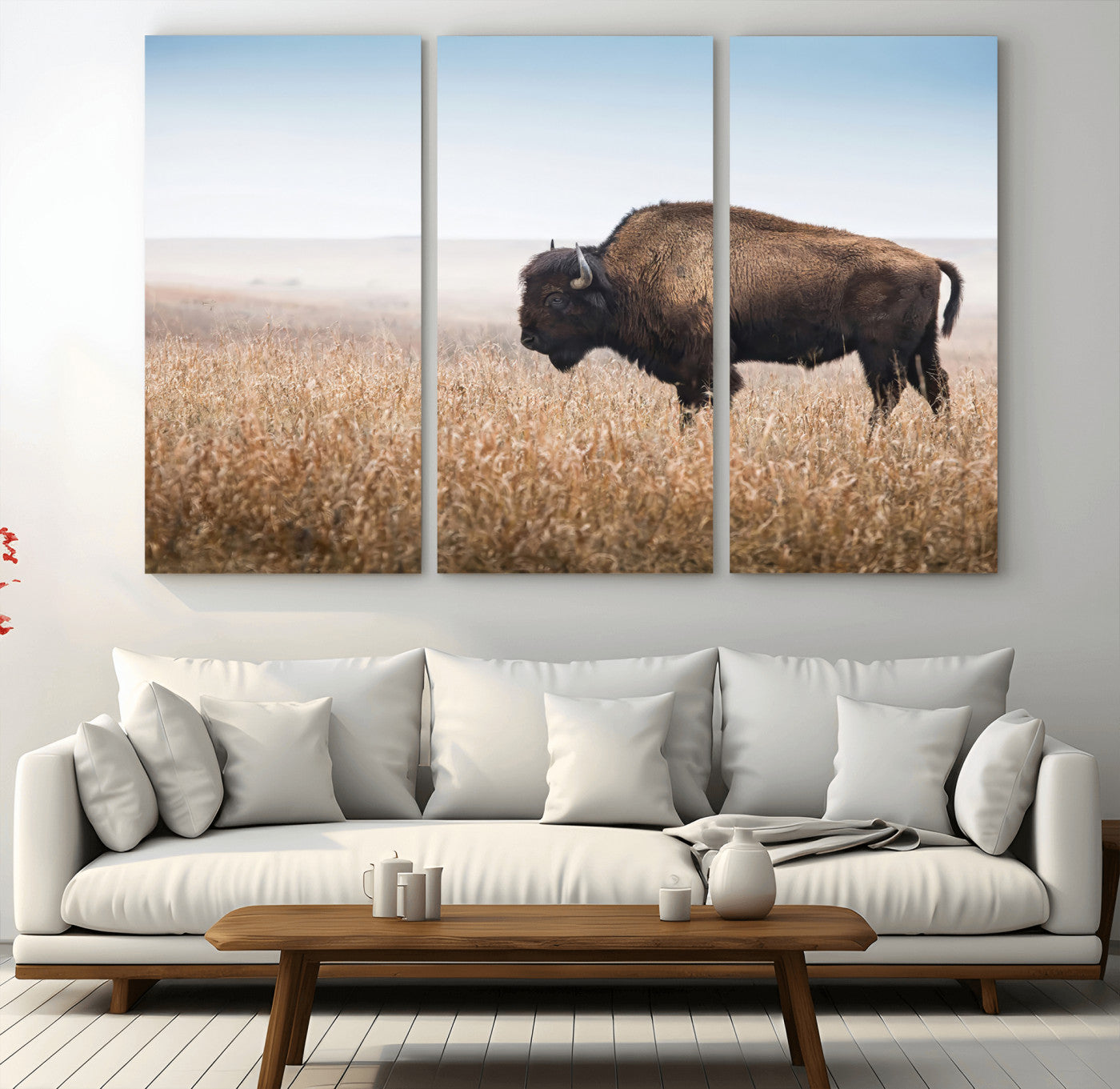 99620201-MGV-CV-36X24-Wild Bison Wall Art Canvas Print, Framed Bison in Prairie Art Picture Print, Rustic Western Perfect Rustic Western Decor Artwork