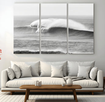 42544082-MGV-CV-48X32-3P-Monochrome Seascape Wall Art Canvas Print, Framed Surf Wave Art Picture Print, Minimalist Ocean Perfect Moody Coastal Decor