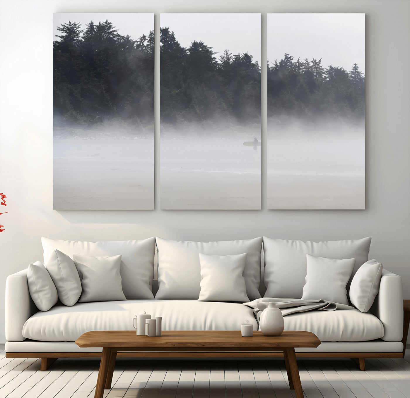 59703275-MGV-CV-48X32-3P-Surfer in Fog Wall Art Canvas Print, Framed Foggy Beach Art Picture Print, Coastal Surf Perfect Moody Coastal Decor Artwork