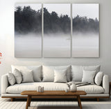 59703275-MGV-CV-48X32-3P-Surfer in Fog Wall Art Canvas Print, Framed Foggy Beach Art Picture Print, Coastal Surf Perfect Moody Coastal Decor Artwork