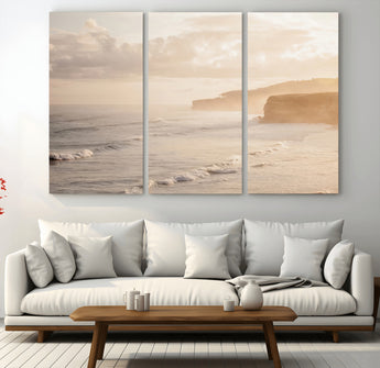 57669769-MGV-CV-48X32-3P-Misty Coastal Wall Art Canvas Print, Framed Golden Sunset Art Picture Print, Serene Shoreline Perfect Tranquil Coastal Decor