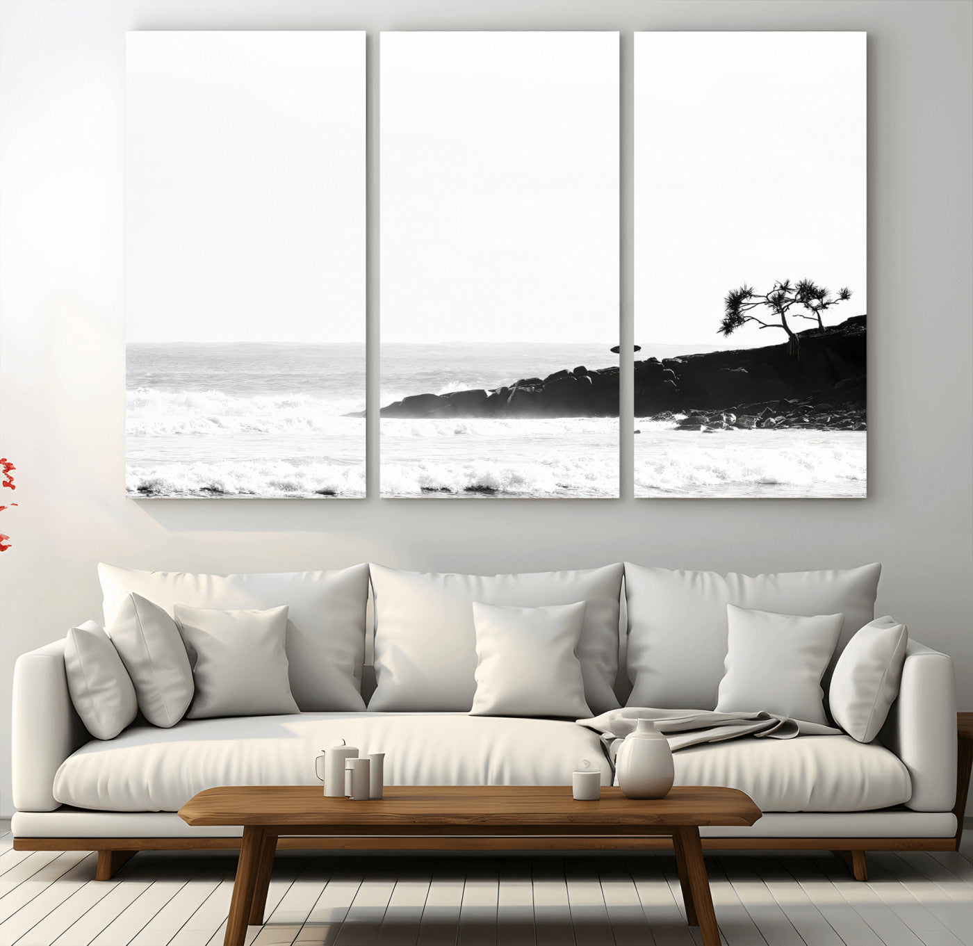 40875891-MGV-CV-36X24-SurferCliffs Wall Art Canvas Print, Framed Black White Beach Art Picture Print, Ocean Waves Perfect Minimalist Coastal Decor