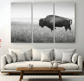 28435251-MGV-CV-48X32-3P-Bison In Prairie Wall Art Canvas Print, Framed Rustic Wildlife Art Picture Print, Wild Buffalo Perfect Rustic Western Decor