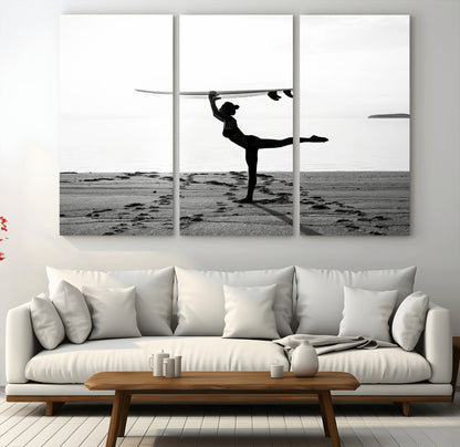 28441356-MGV-CV-48X32-3P-Yoga Surf Wall Art Canvas Print, Framed Black White Shore Art Picture Print, Peaceful Ocean Perfect Minimalist Coastal Decor