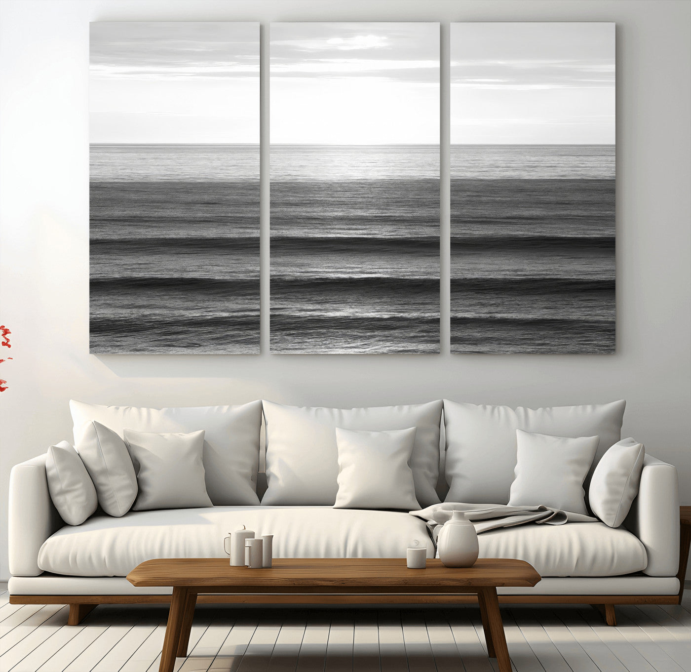 47305203-MGV-CV-48X32-3P-Monochrome Ocean Wall Art Canvas Print, Framed Moody Ocean Art Picture Print, Calm Ocean Perfect Minimalist Coastal Decor Artwork