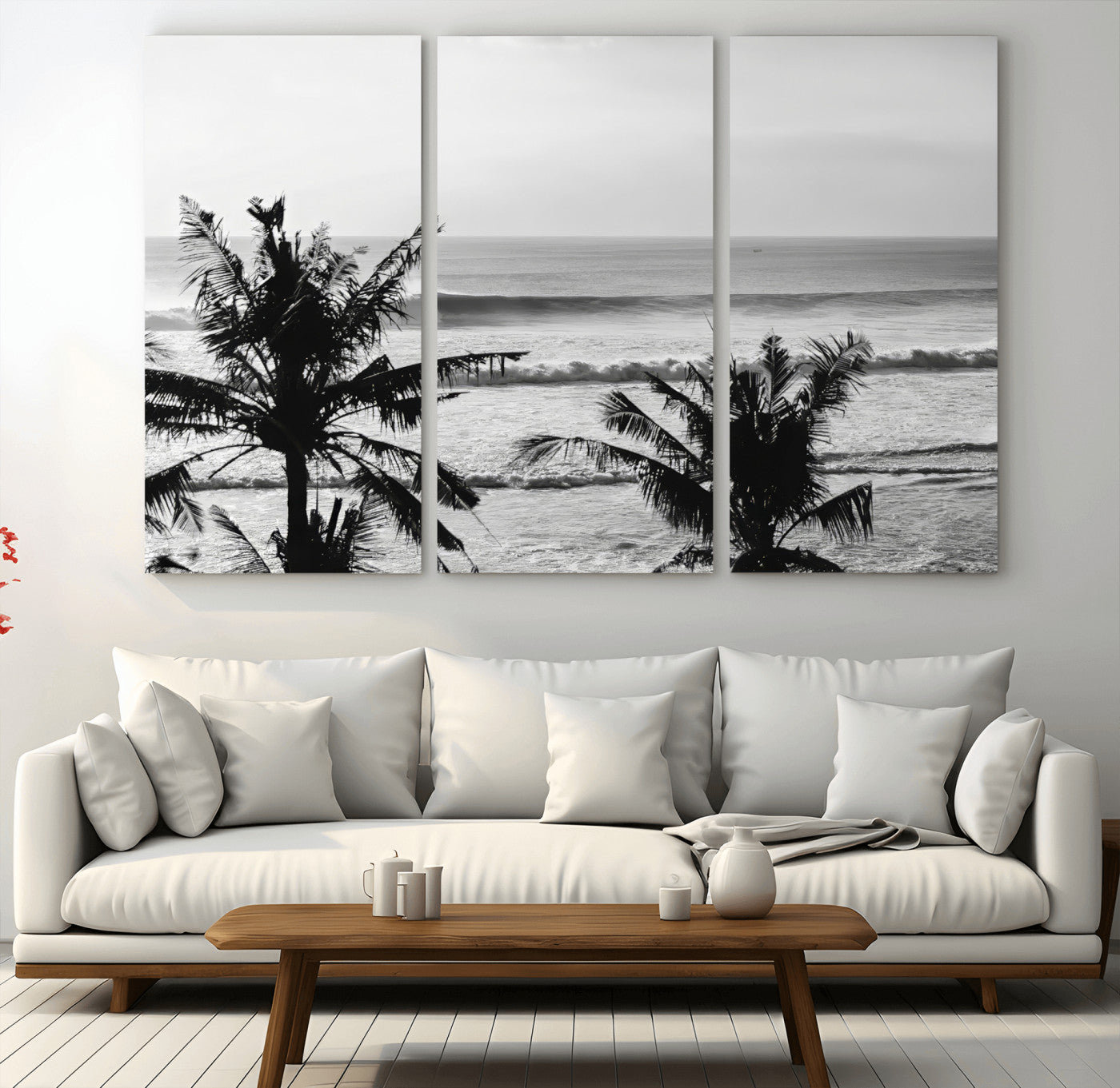 17508038-MGV-CV-48X32-3P-Tropical Coastline Wall Art Canvas Print, Framed Palm Trees Art Picture Print, Ocean Waves Perfect Minimalist Coastal Decor