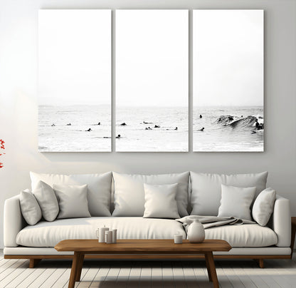 38441169-MGV-CV-48X32-3P-Monochrome Swimming Wall Art Canvas Print, Framed Ocean Horizon Art Picture Print, Moody Coastal Perfect Minimalist Coastal Decor