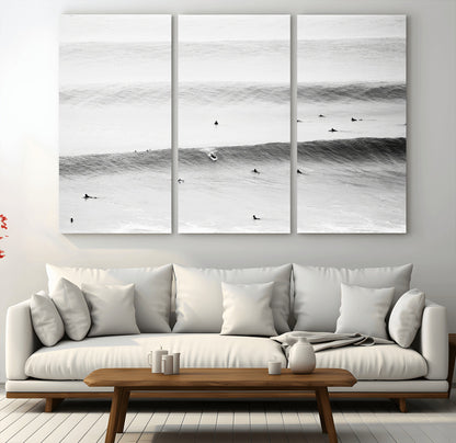 54291445-MGV-CV-36X24-Black White Ocean Wall Art Canvas Print, Framed Coastal Sport Art Picture Print, Ocean Culture Perfect Minimalist Coastal Decor