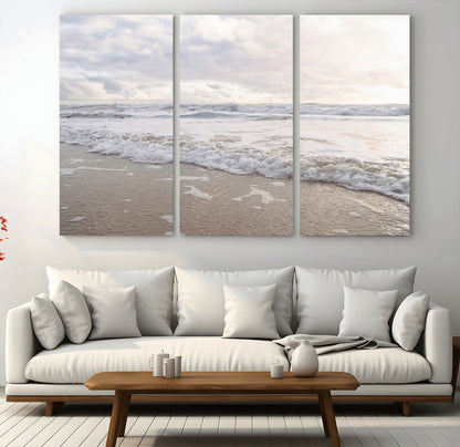 70596264-MGV-CV-48X32-3P-Ocean Waves Wall Art Canvas Print, Framed Coastal Shoreline Art Picture Print, Sea Foam Perfect Coastal Minimalist Decor Artwork