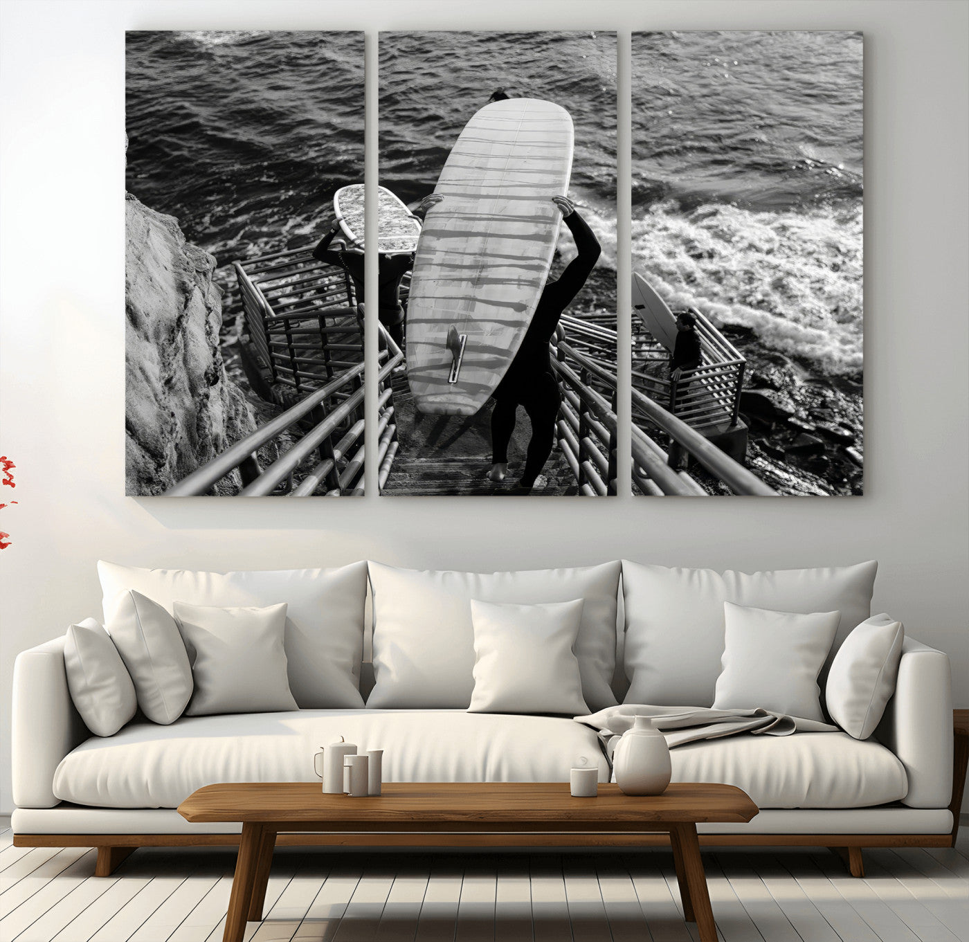 32353707-MGV-CV-48X32-3P-Black White Surfing Wall Art Canvas Print, Framed Coastal Surfing Art Picture Print, Wave Riders Perfect Coastal Adventure Decor