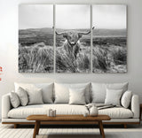 24051061-MGV-CV-48X32-3P-Monochrome Highland Cow Wall Art Canvas Print, Framed Scottish Bull Art Picture Print, Lone Cattle Perfect Rustic Farmhouse Decor