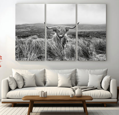 24051061-MGV-CV-36X24-Monochrome Highland Cow Wall Art Canvas Print, Framed Scottish Bull Art Picture Print, Lone Cattle Perfect Rustic Farmhouse Decor