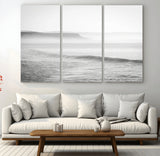 60635783-MGV-CV-36X24-Black White Seascape Wall Art Canvas Print, Framed Ocean Waves Art Picture Print, Misty Coastal Perfect Minimalist Coastal Decor
