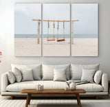 68327283-MGV-CV-48X32-3P-Beach Swing Wall Art Canvas Print, Framed Quiet Beach Art Picture Print, Calm Shoreline Perfect Bohemian Coastal Decor Artwork
