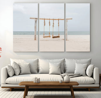 68327283-MGV-CV-48X32-3P-Beach Swing Wall Art Canvas Print, Framed Quiet Beach Art Picture Print, Calm Shoreline Perfect Bohemian Coastal Decor Artwork